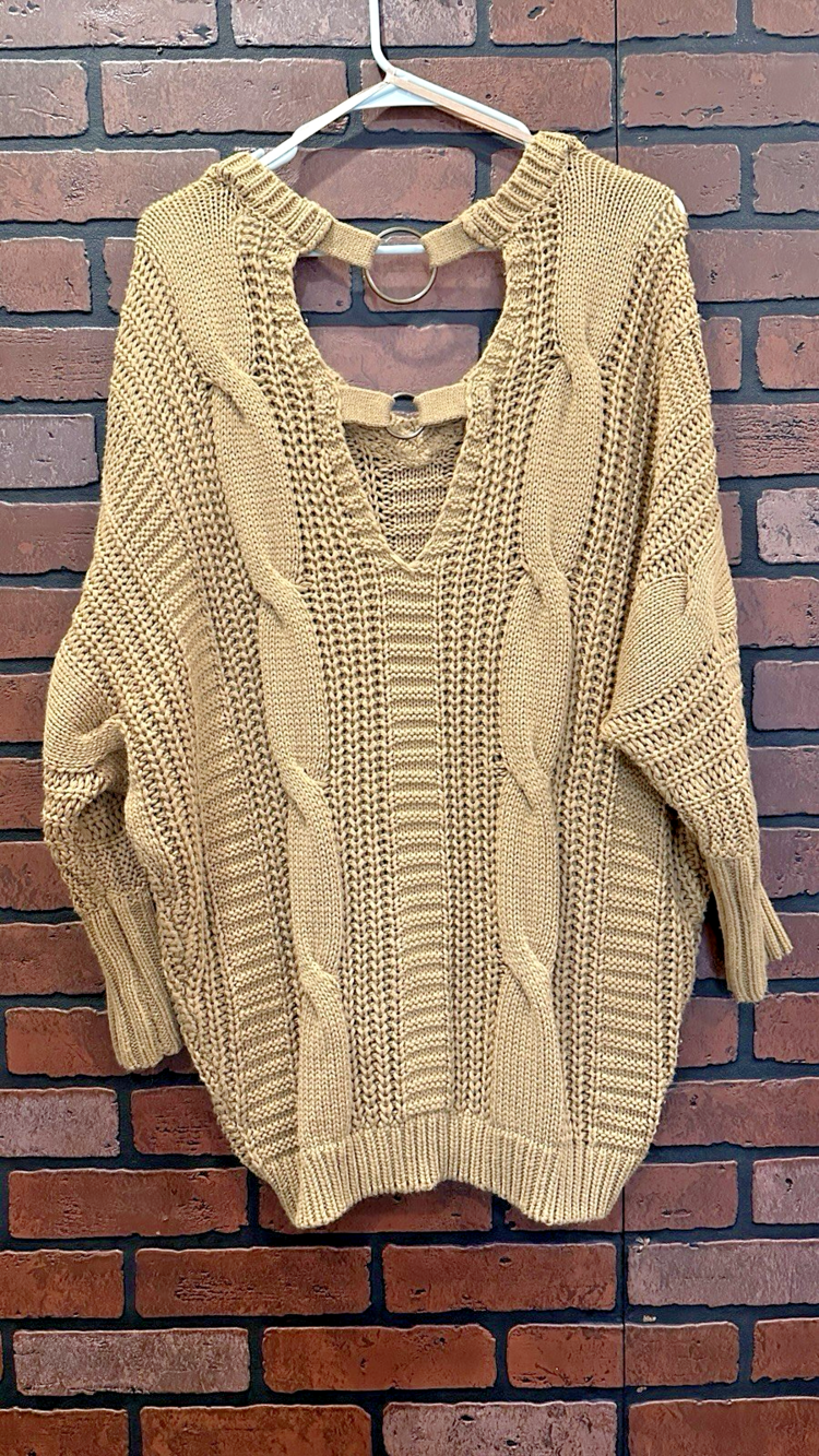 BKE Sweater Women S Open Cable Knit Pullover V-Neck Long Sleeve Beige Brown Boho